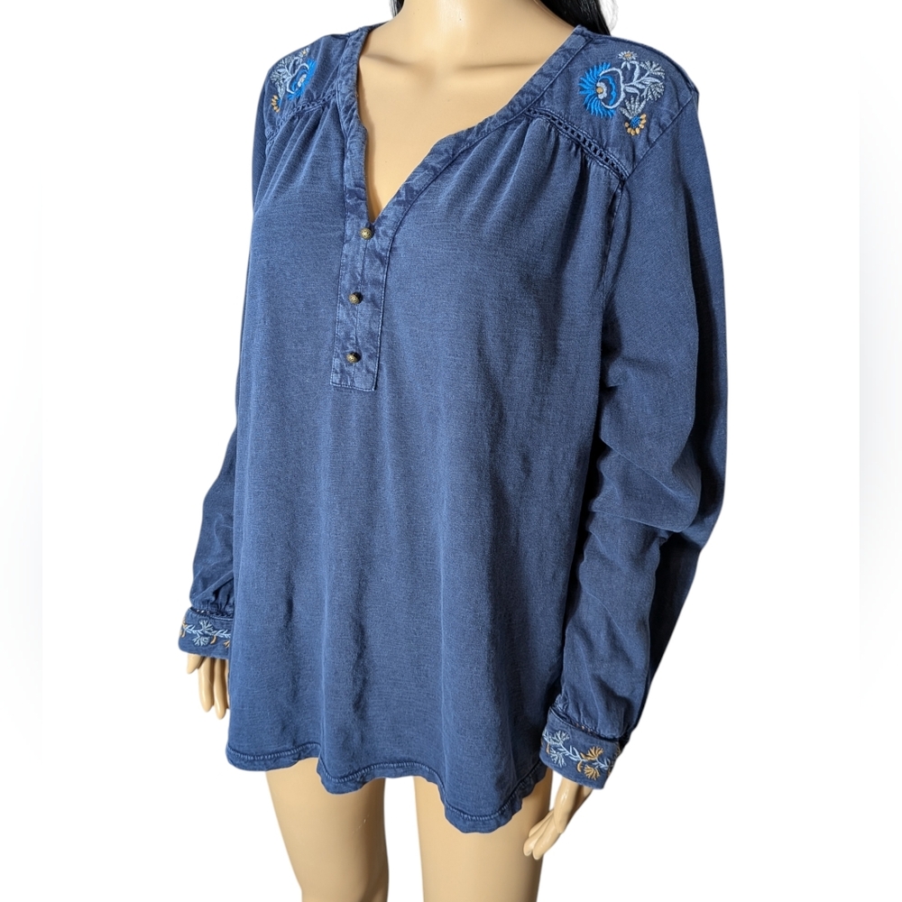 Style & Co Distressed Navy Blue Embroidered Blouse